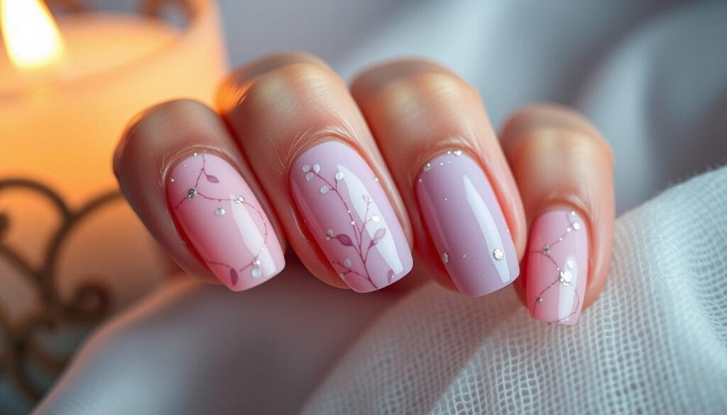 romantic nail polish
Aesthetic close-up of elegantly manicured hands with romantic nail polis
